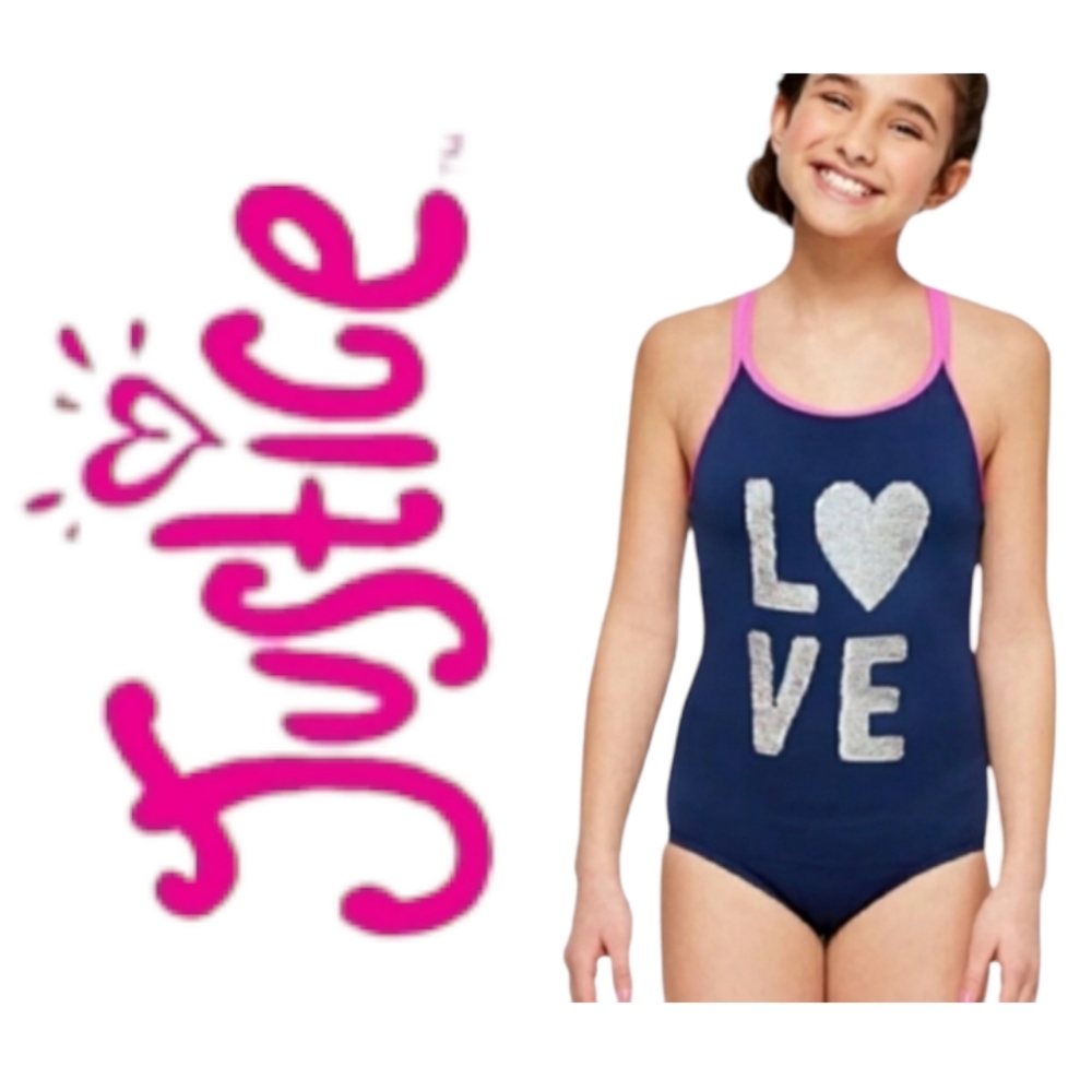 Justice Girls Navy 1pc Swimsuit with Reversible Rainbow Sequin LOVE Detail Sz 14